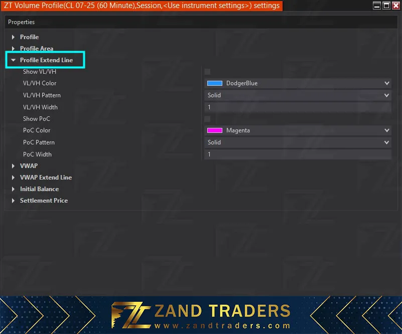 معرفی بخش ها و تنظیمات ولوم پروفایل زند تریدرز (ZT Volume Profile) تنظیمات فیلد Profile Extend Line